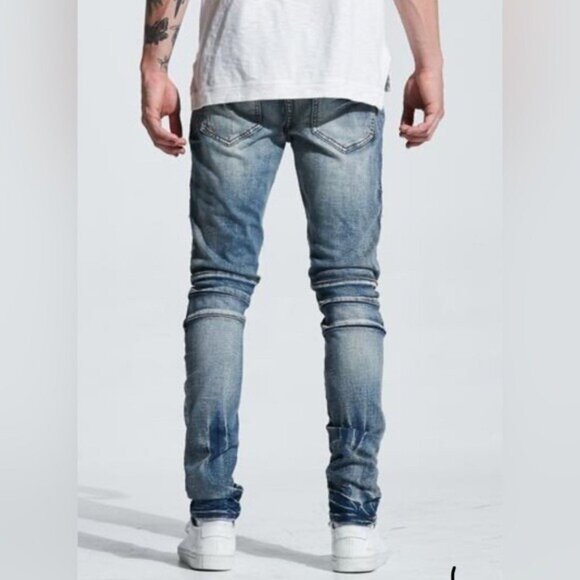 EMBELLISH Turkish Biker Denim Blue Wash Jeans Distressed Basket Weave Sz 38X34 - Picture 2 of 12